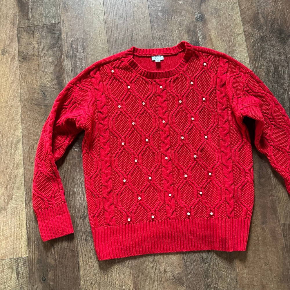 Women's Crown & Ivy Red Cable Knit Pearl Crew Neck Sweater S